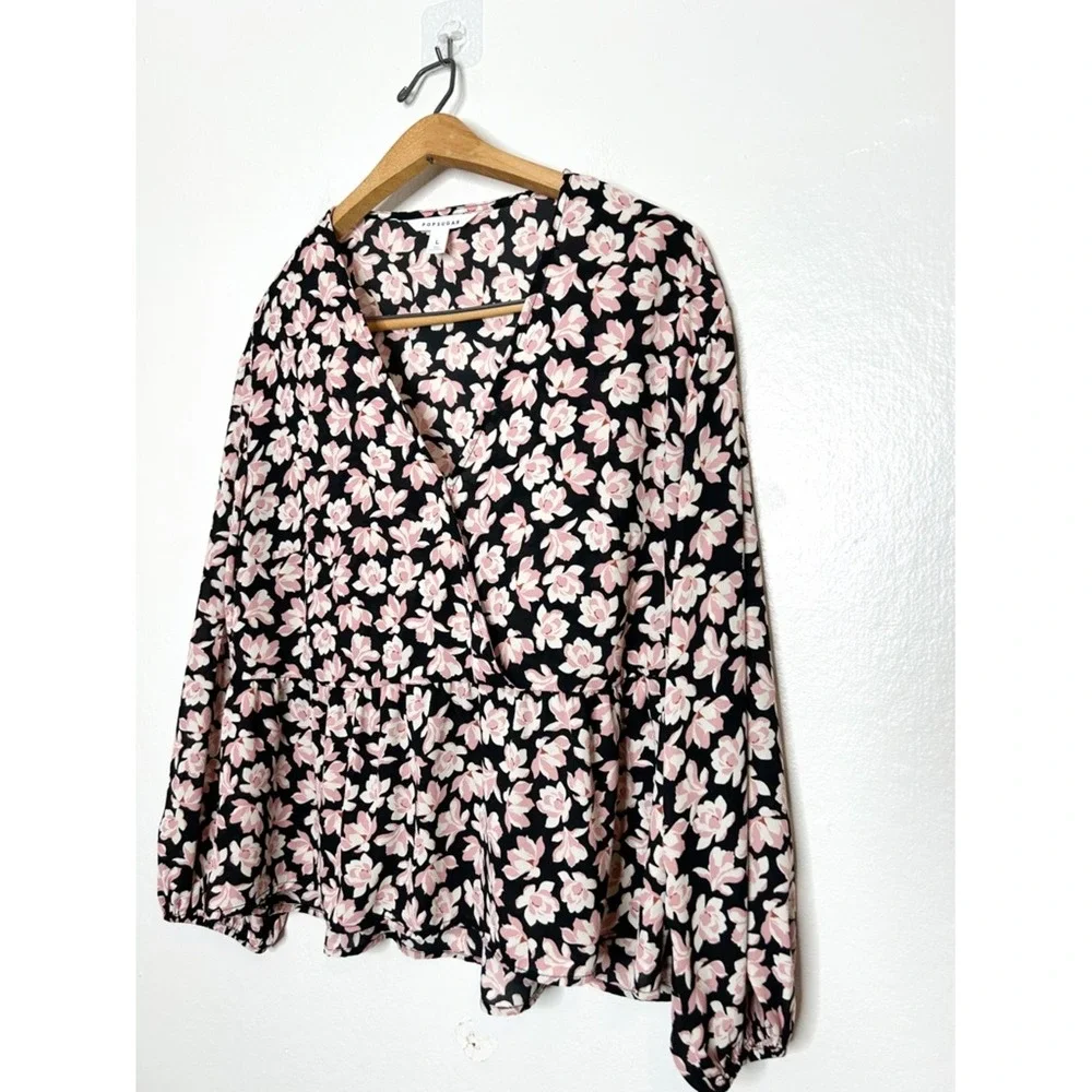 Popsugar Womens Cherry Blossom Floral Print Wrap Style Peplum Hem Blouse Large L